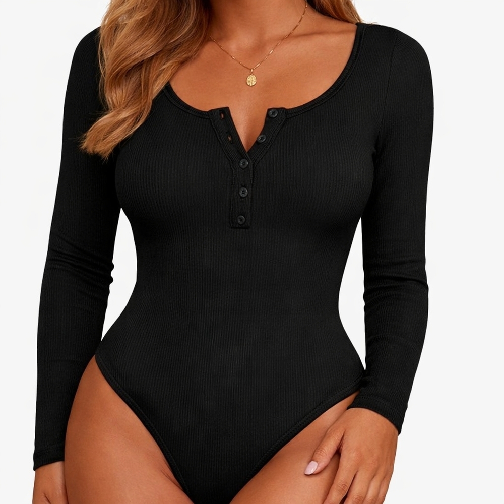 One Step Up Black Ribbed Long Sleeve Bodysuit Size Small Button Front